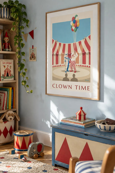 White clown and auguste under the big top poster: framed on the wall