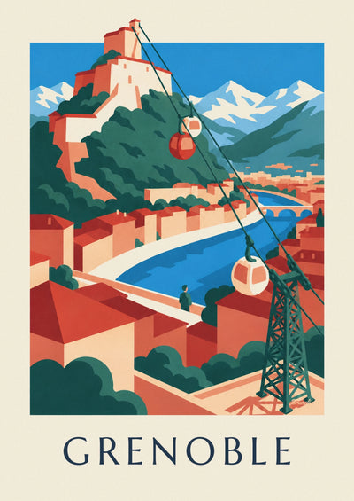 Poster of the Grenoble cable car and its bubbles heading to the Bastille: the full poster