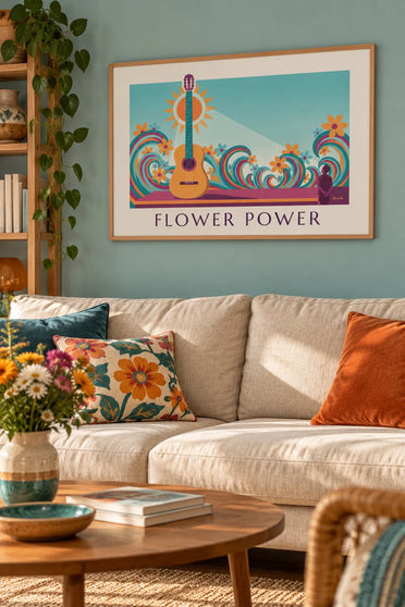 Poster akoestische gitaar en psychedelische golven Flower Power: ingelijst aan de muur