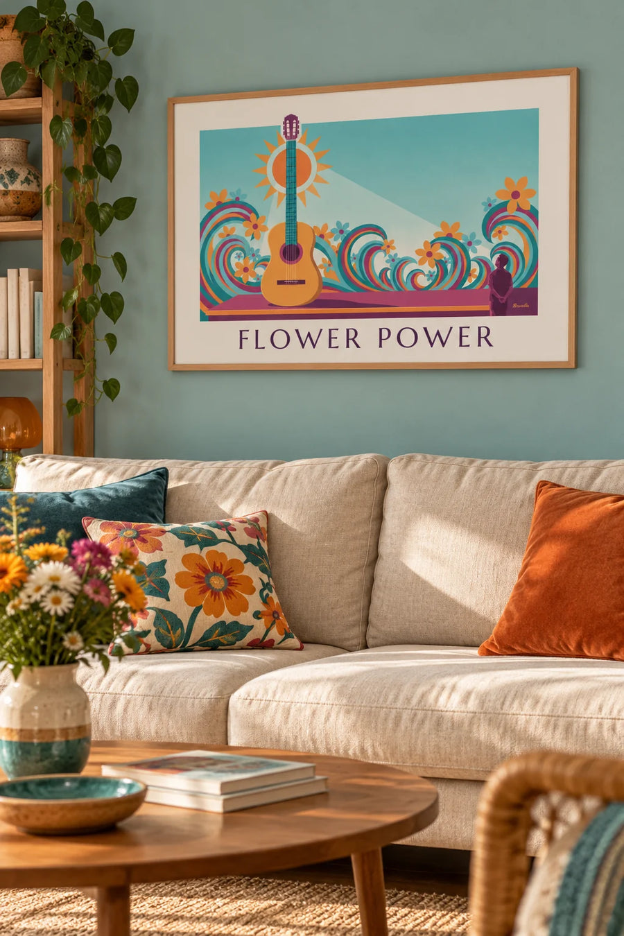 Affiche guitare acoustique et vagues psychédéliques Flower Power : encadrée au mur