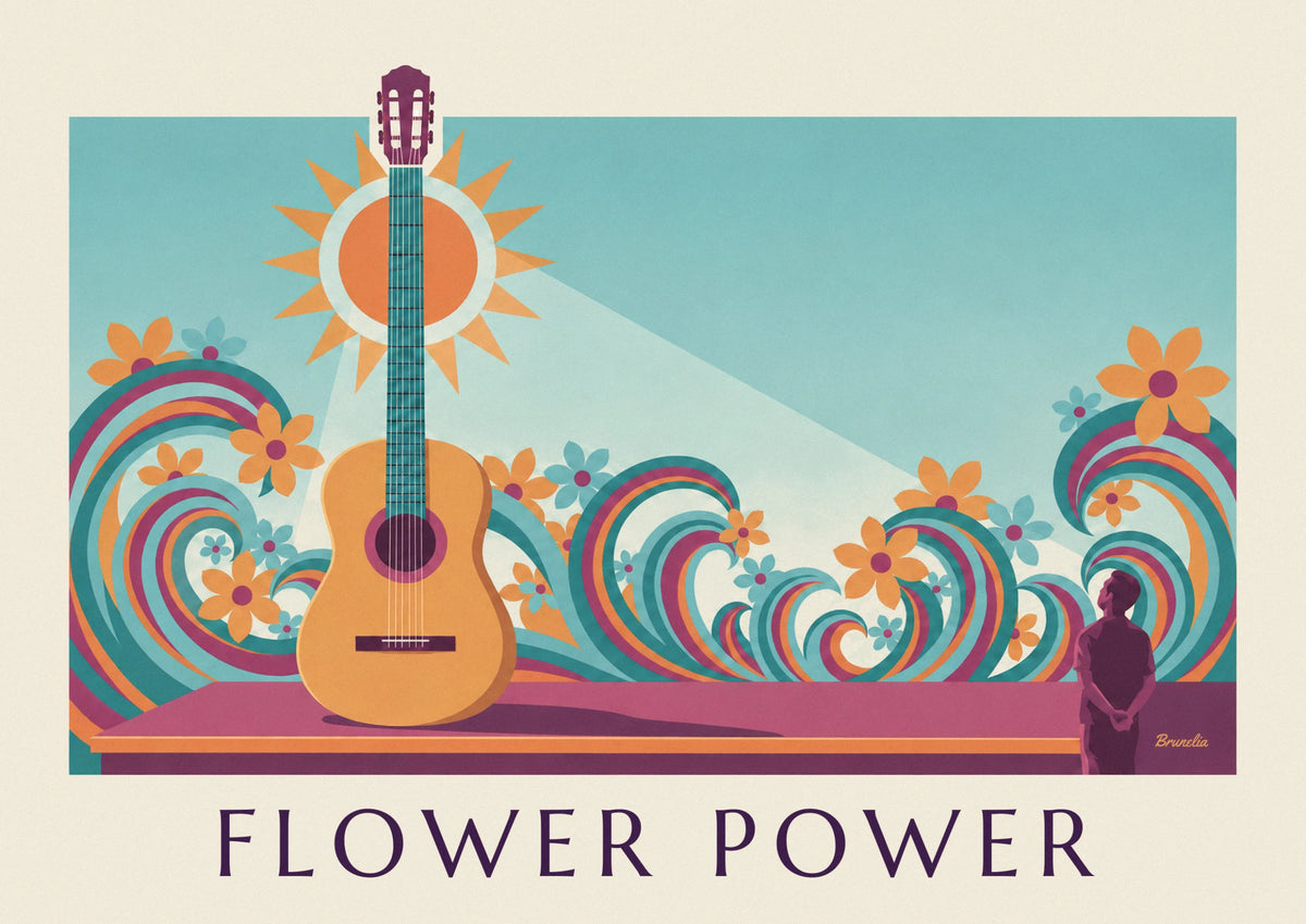 Affiche guitare acoustique et vagues psychédéliques Flower Power