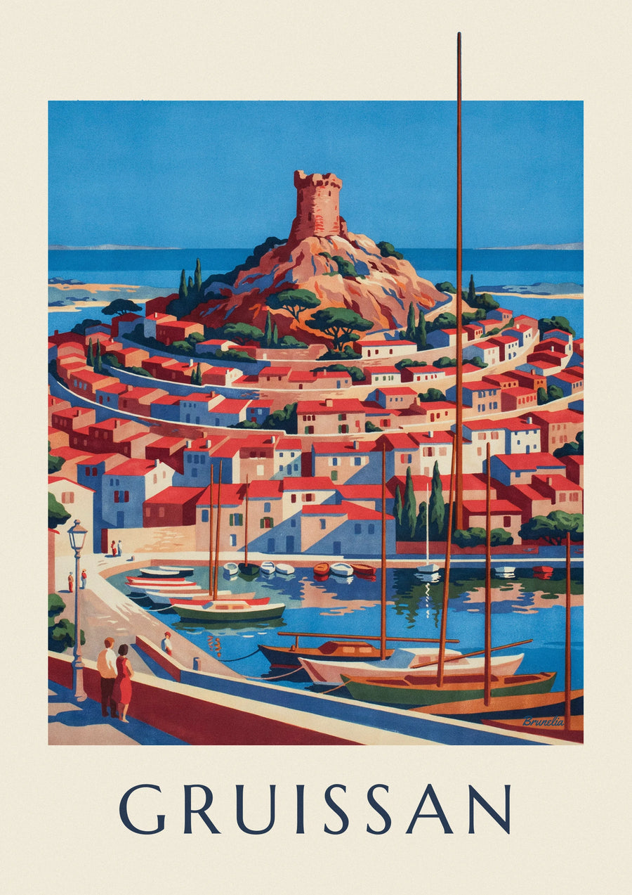 Affiche tour Barberousse de Gruissan au-dessus des toits et du port