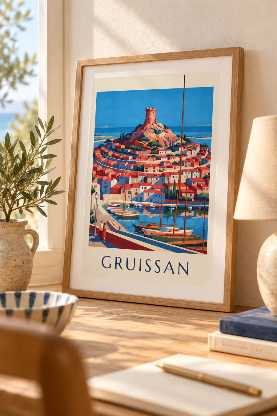 Affiche tour Barberousse de Gruissan au-dessus des toits et du port : petit format A4 encadré