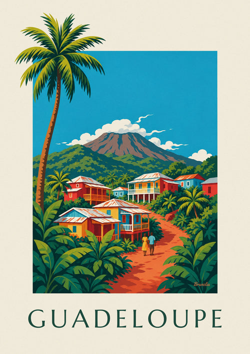 Affiche maisons créoles et volcan de la Soufrière en Guadeloupe : l'affiche entière