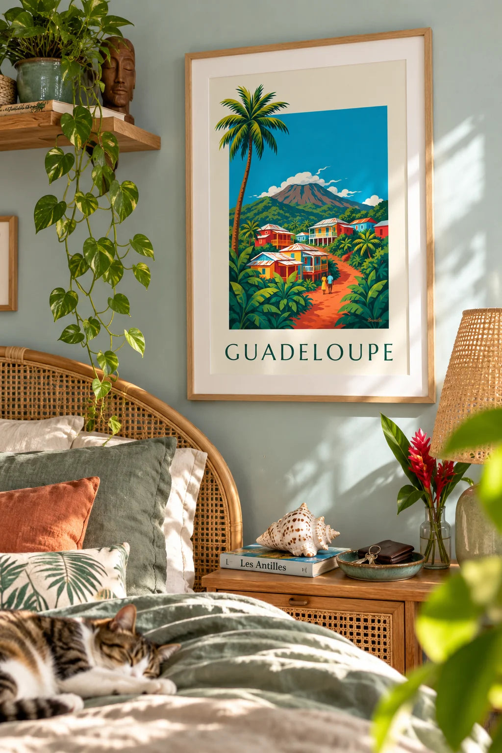 Affiche maisons créoles et volcan de la Soufrière en Guadeloupe : encadrée au mur