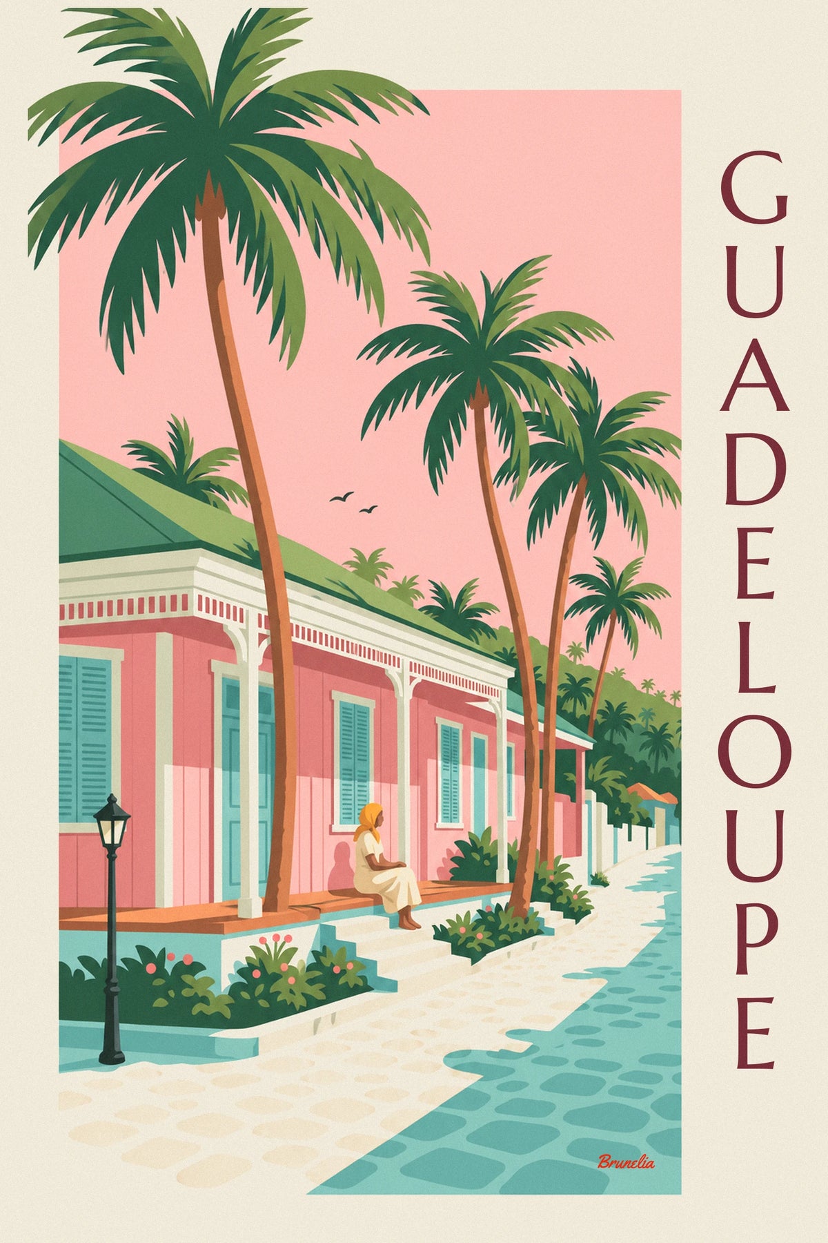Affiche maison créole rose sous les cocotiers en Guadeloupe