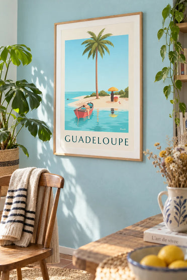 Affiche lagon de Bois Jolan et cocotier à Sainte-Anne en Guadeloupe : encadrée au mur