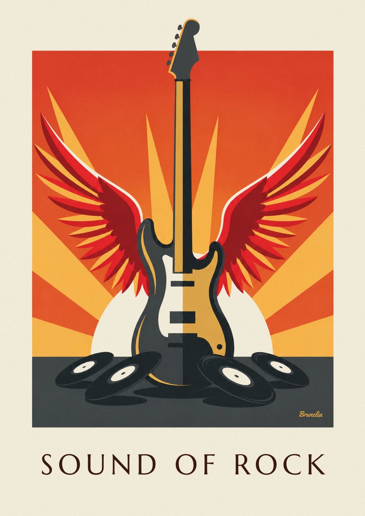 Affiche guitare électrique ailée et disques vinyles
