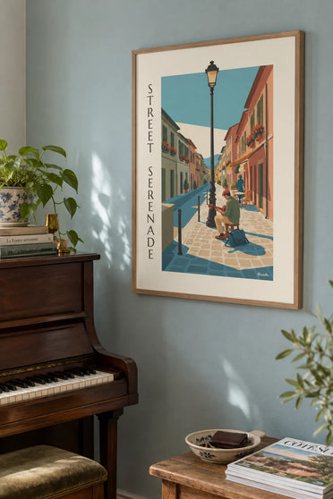 Street guitarist poster in a cobblestone alley: framed on the wall