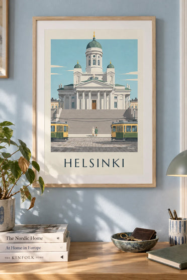 Poster tram en Lutherse kathedraal van Helsinki: ingelijst aan de muur