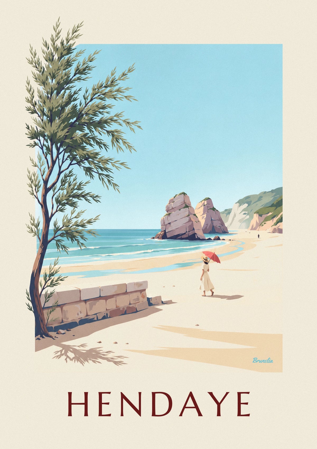 Poster Frau mit rotem Sonnenschirm am Strand von Hendaye