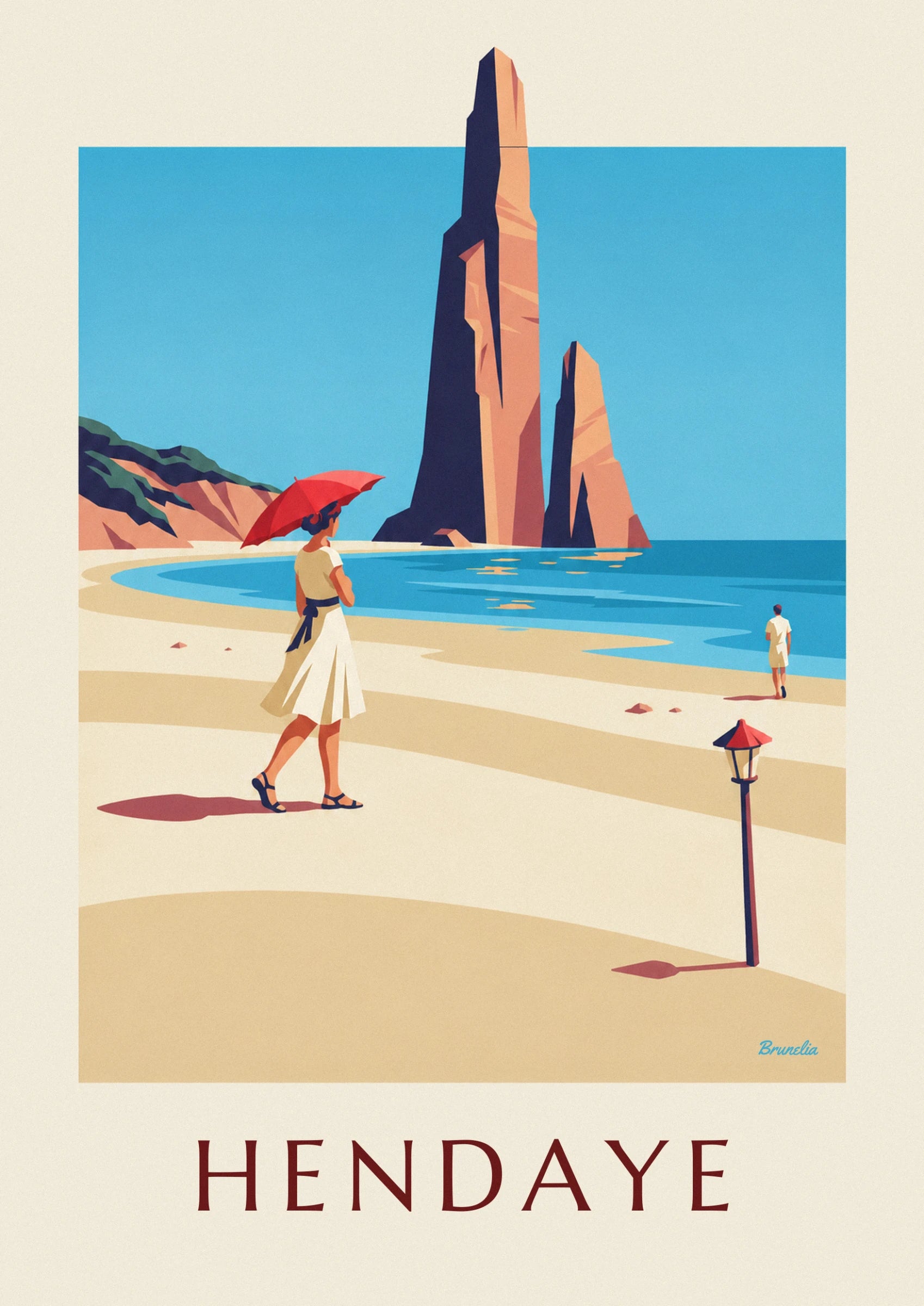 La femme en robe blanche à ceinture marine et son ombrelle rouge, de dos sur le sable