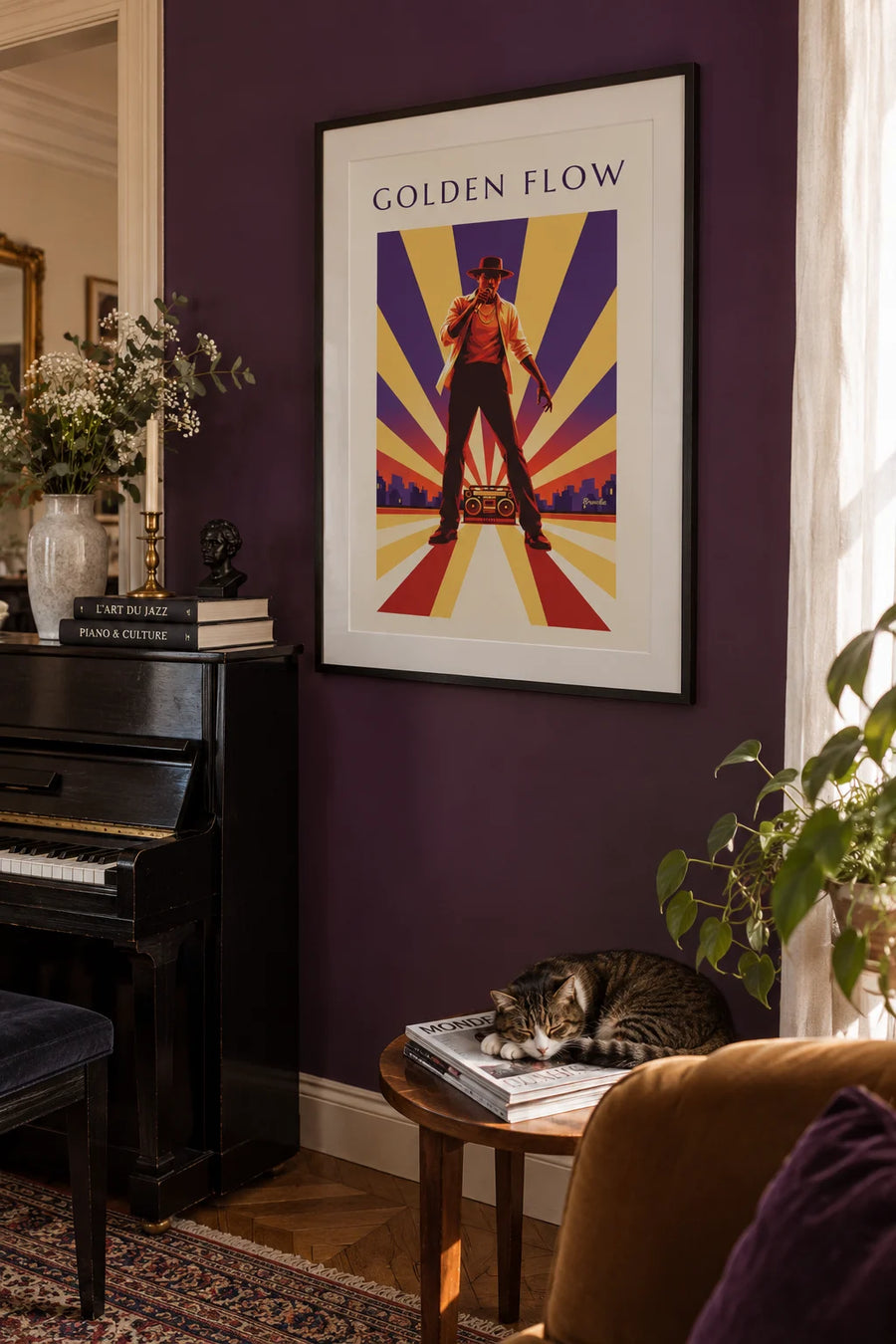 Poster of a hip-hop artist with a gold chain on a city rooftop: framed on the wall