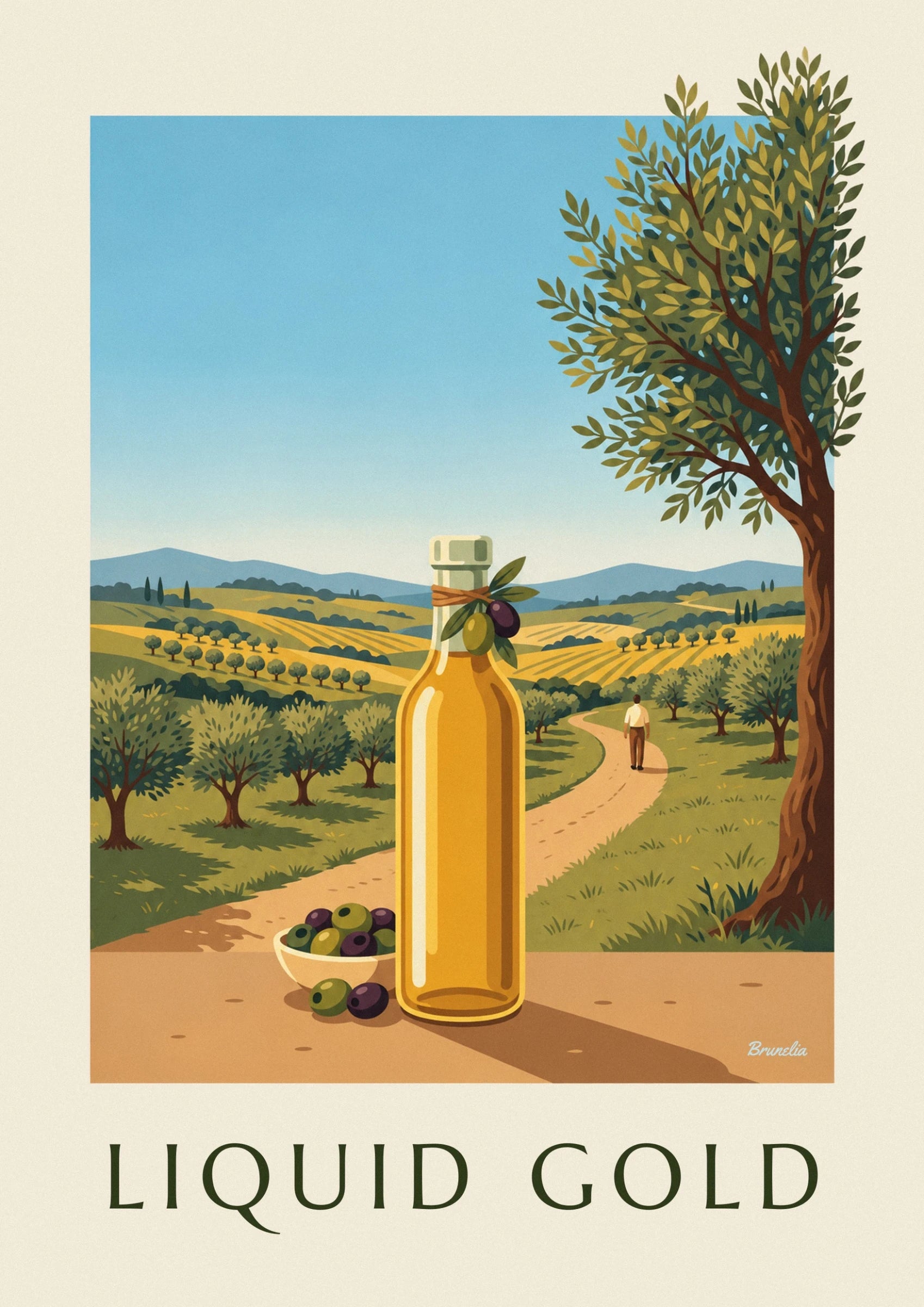 Een fles gouden olie en een kom olijven voor velden en olijfbomen