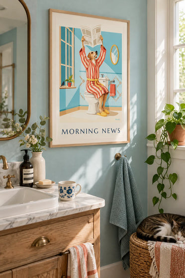 Affiche chien en peignoir lisant le journal aux toilettes : encadrée au mur
