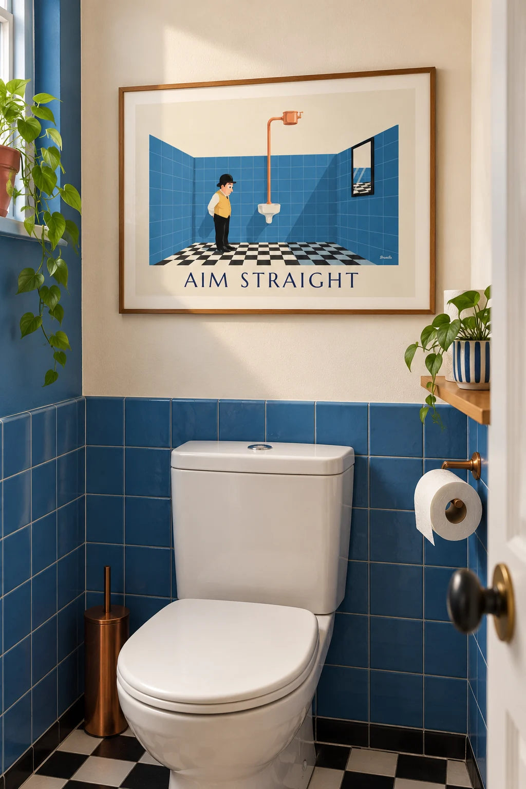 WC: Lustiges WC-Poster, Herr mit Bowlerhut vor dem Urinal im Raum