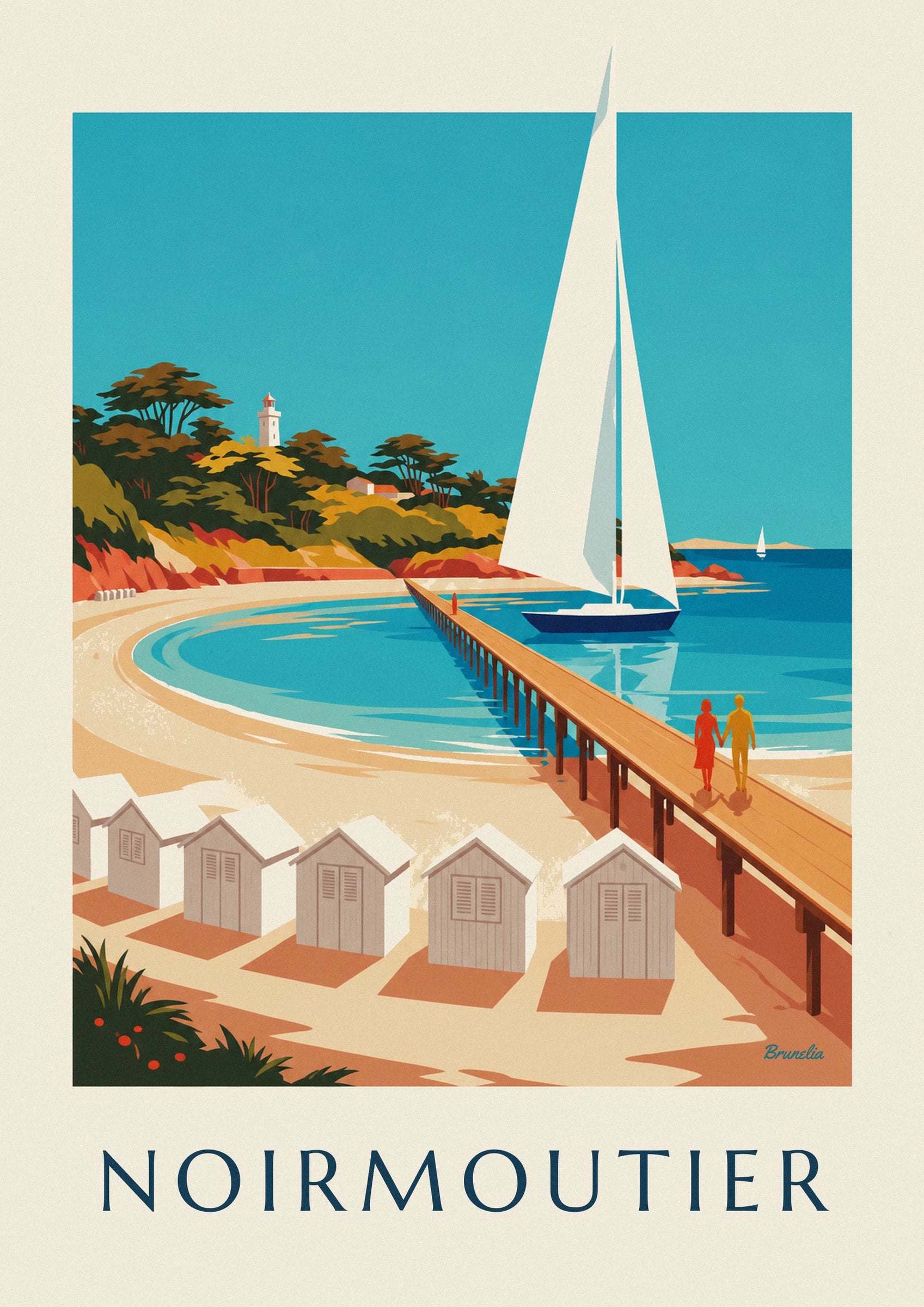 Poster gestreifte Strandkabinen und Steg auf Noirmoutier: Detail in Nahaufnahme