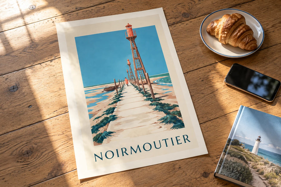 Poster Passage du Gois en roeiboot op Noirmoutier bij laag water: op een tafel gezet