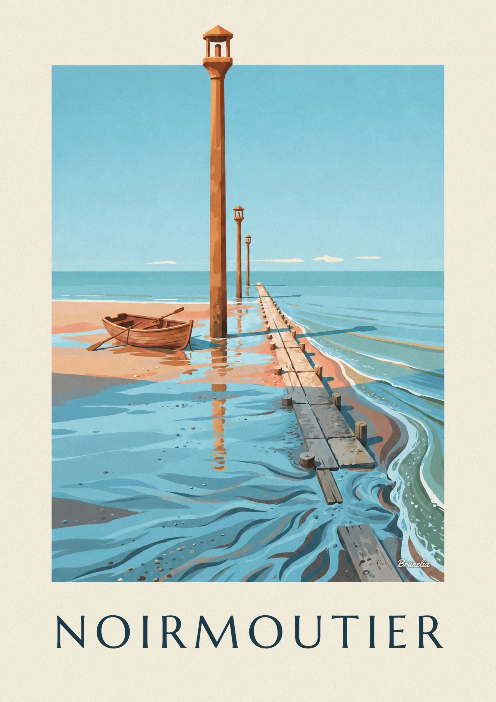 The chaussée du Gois lined with small posts, between turquoise water and orange sand