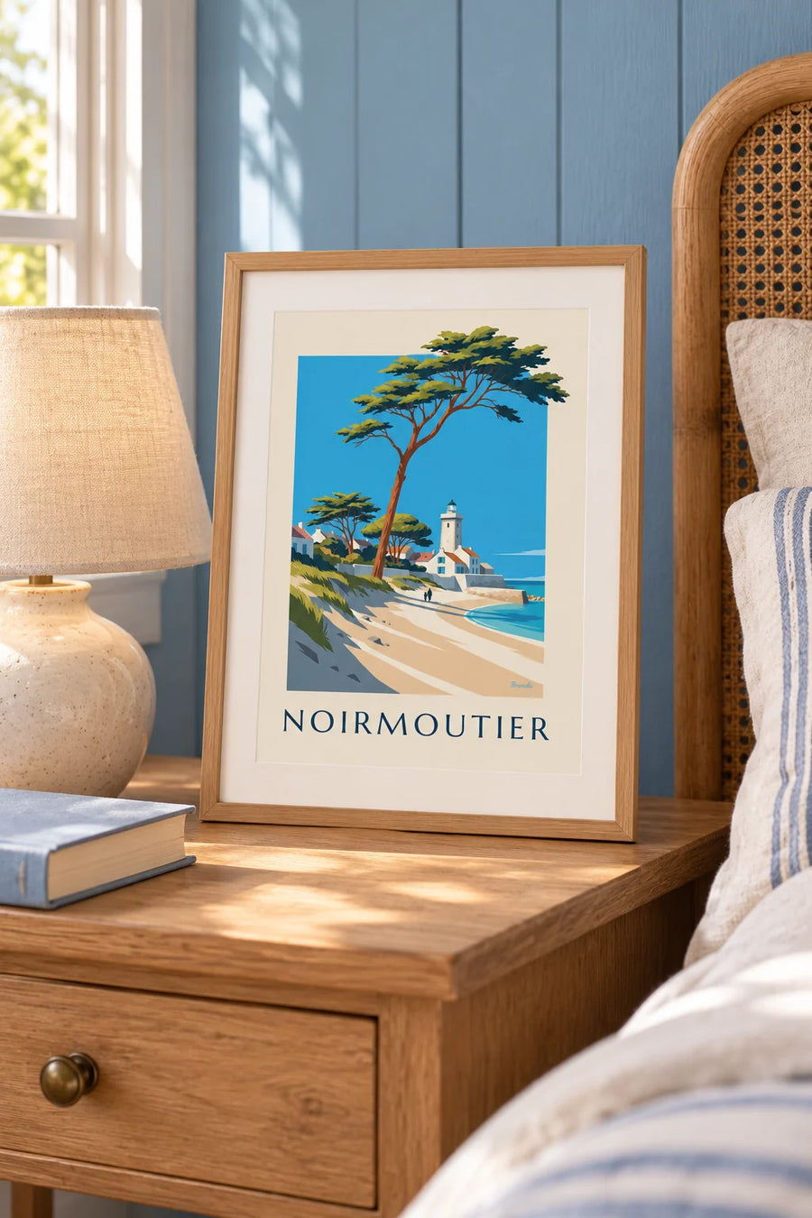Affiche phare et maisons blanches de Noirmoutier : petit format A4 encadré