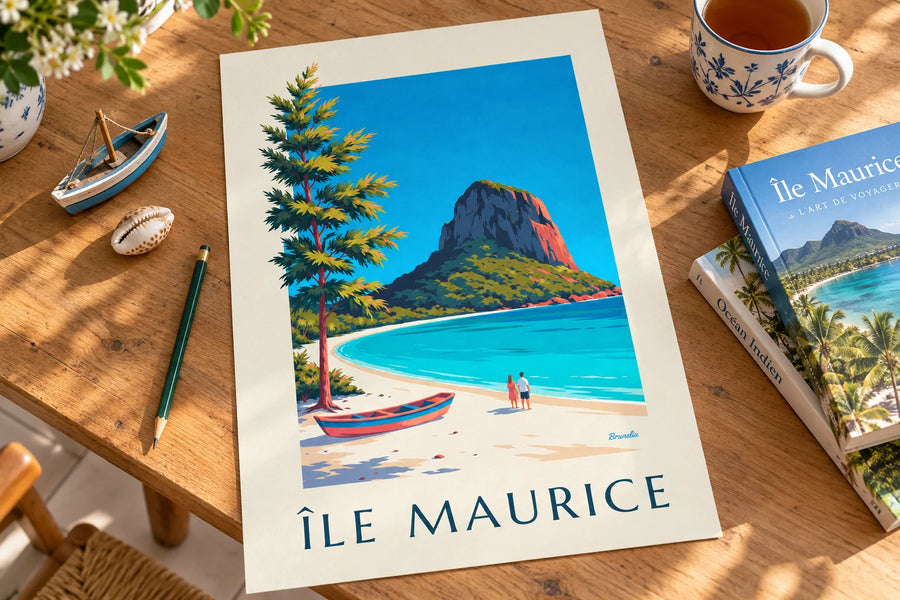 Affiche Morne Brabant et lagon de l'île Maurice : posée sur une table