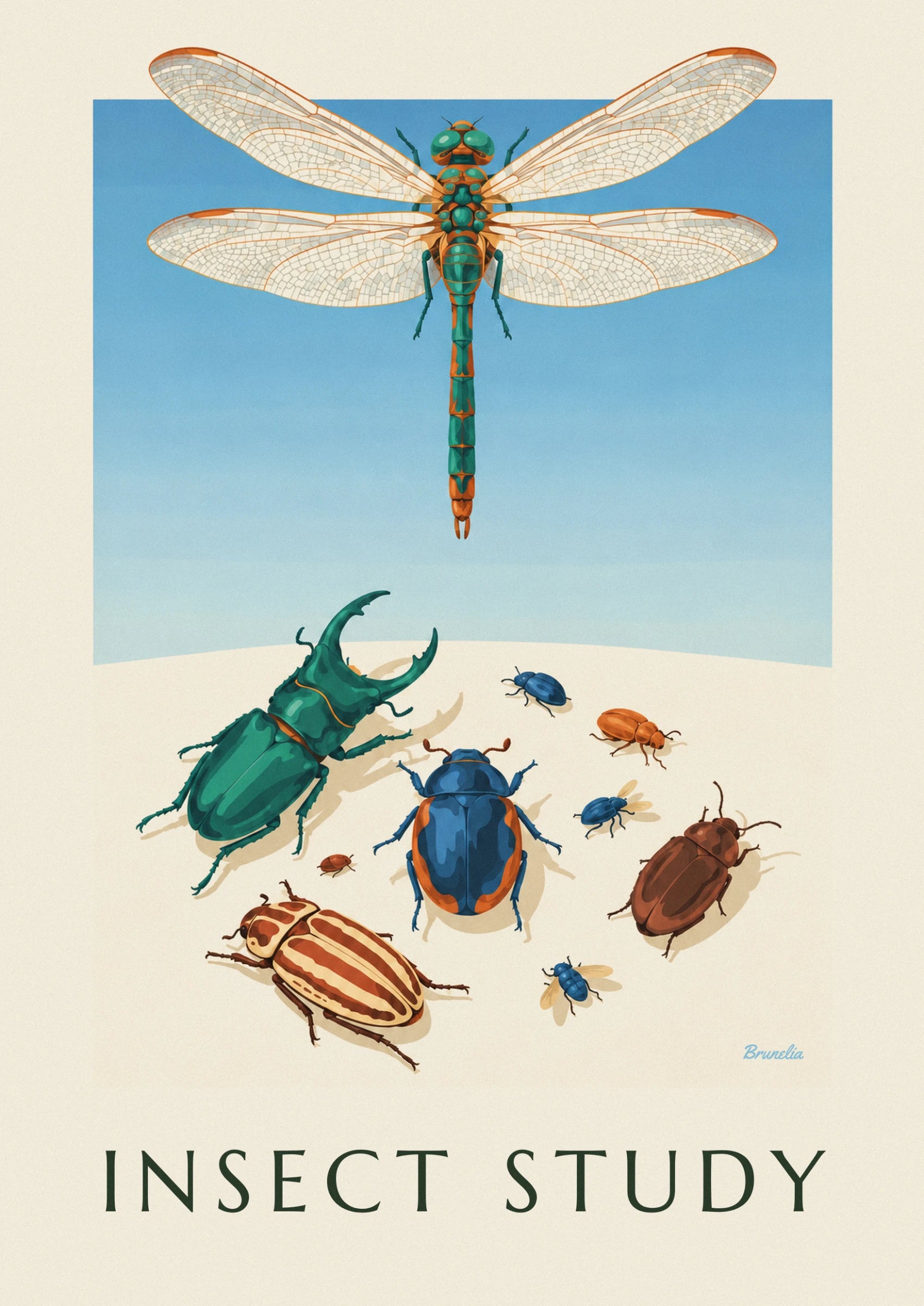 The emerald-green dragonfly with its lace-like wings spread against a blue sky