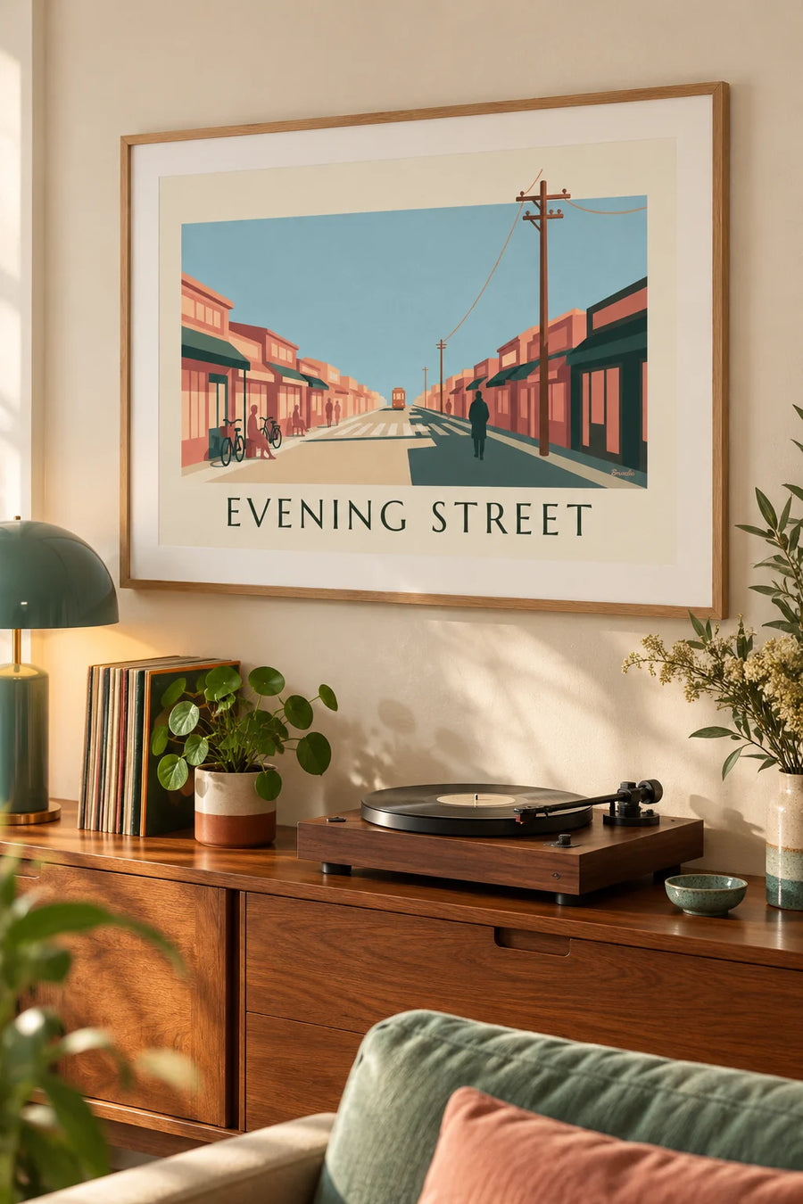 Poster japanische Einkaufsstraße bei Sonnenuntergang: gerahmt an der Wand
