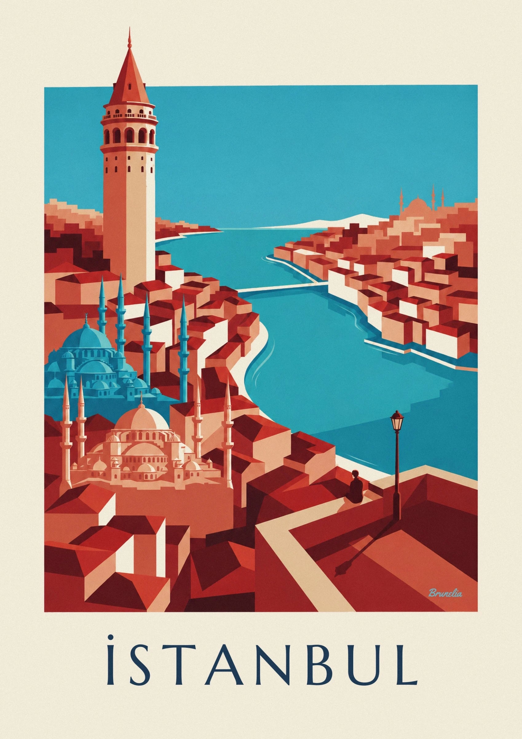The mosques with cream and turquoise domes among the red rooftops of Istanbul