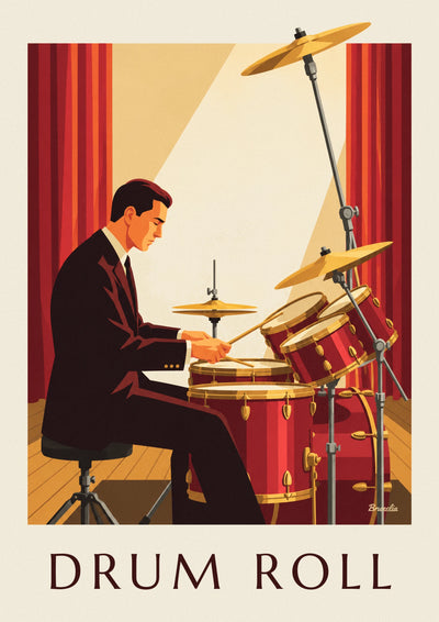 Jazz drummer in a suit behind his red drum kit poster: the full poster