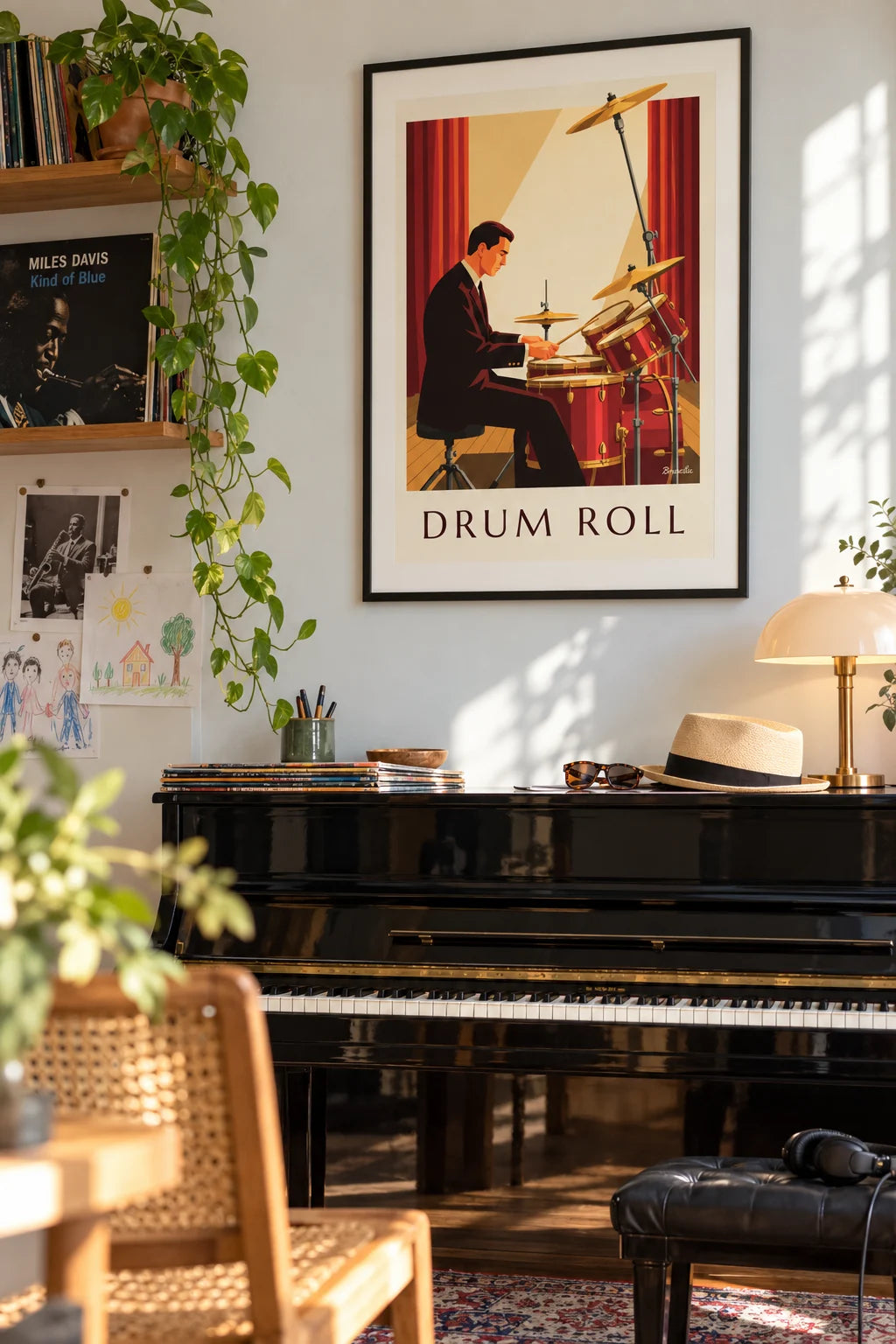 Salon : mise en situation de Affiche batteur de jazz en costume derrière sa batterie rouge