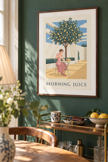 Woman pouring lemon juice under a lemon tree poster: framed on the wall