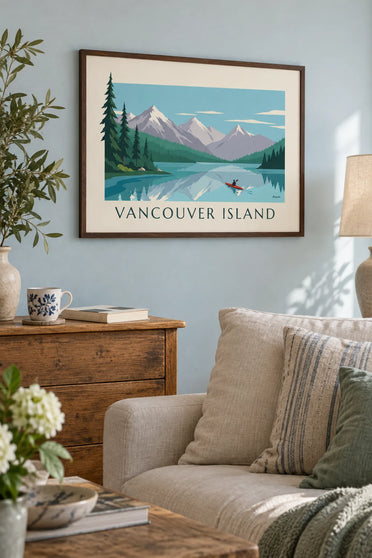 Affiche kayak sur un lac de l’île de Vancouver : encadrée au mur
