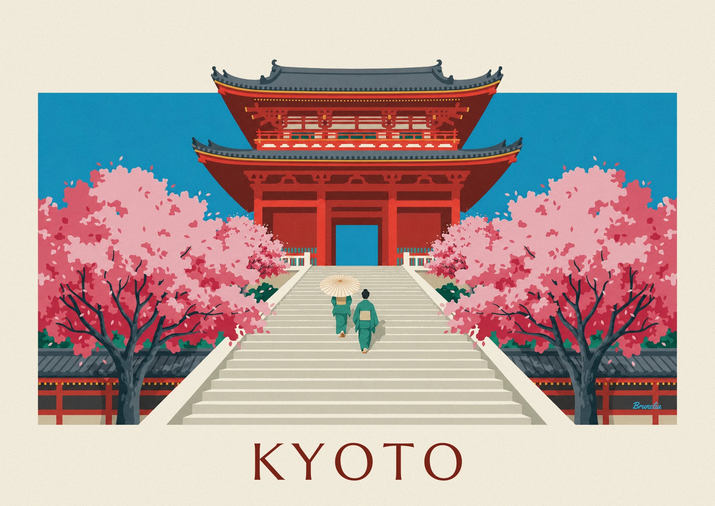 De vermiljoenrode gevel van de Kiyomizu-dera, met rode balken en grijze daken
