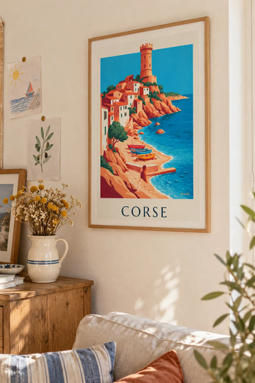 Poster Küstendorf, genuesischer Turm und Boote auf Korsika: gerahmt an der Wand