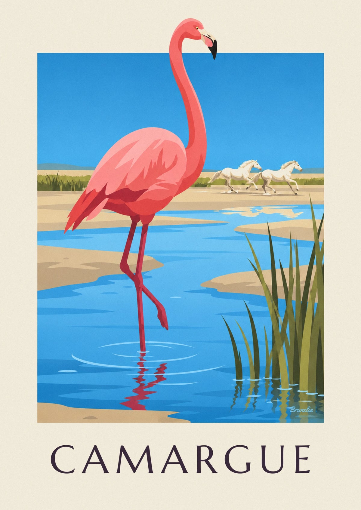 Affiche flamant rose et chevaux sauvages de Camargue