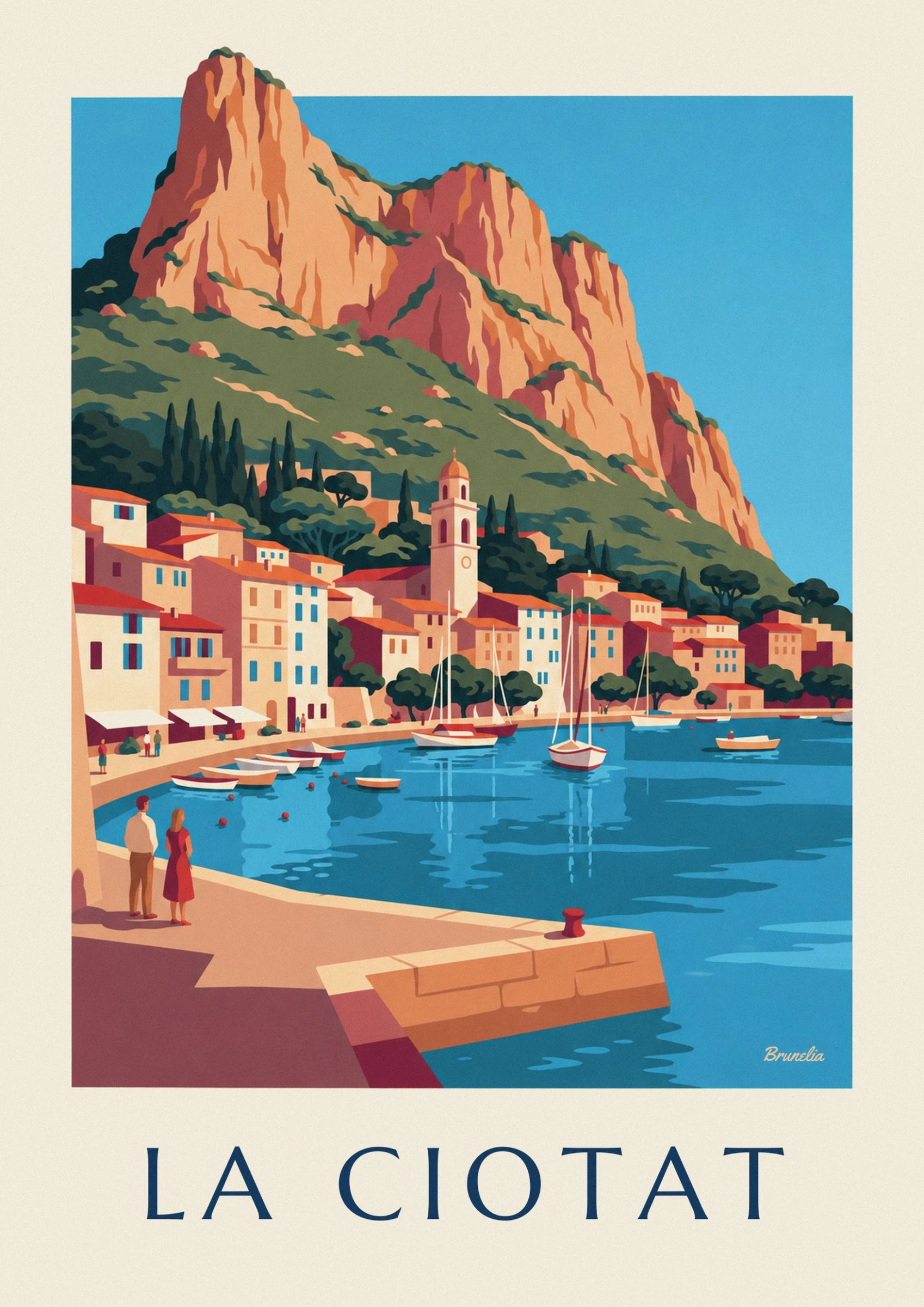 The pink bell tower above the colourful façades, with pines and sailing boats by the water