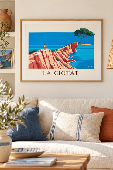 Affiche falaise du Bec de l'Aigle et île Verte à La Ciotat : encadrée au mur