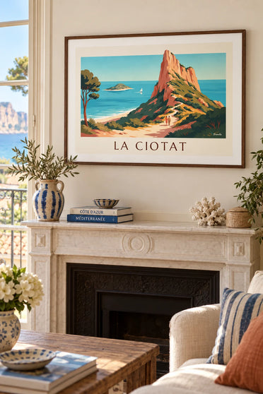 Affiche falaise du Bec de l'Aigle et île Verte à La Ciotat : encadrée au mur