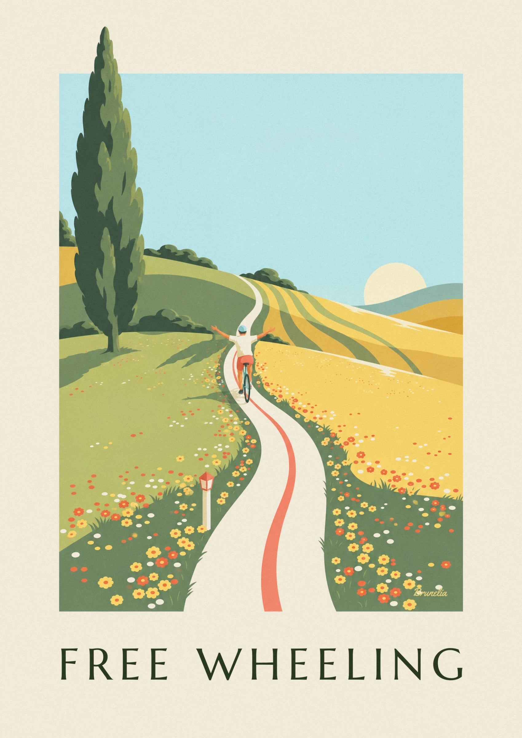 Le cycliste de dos, bras ouverts, sur une route sinueuse bordée de fleurs