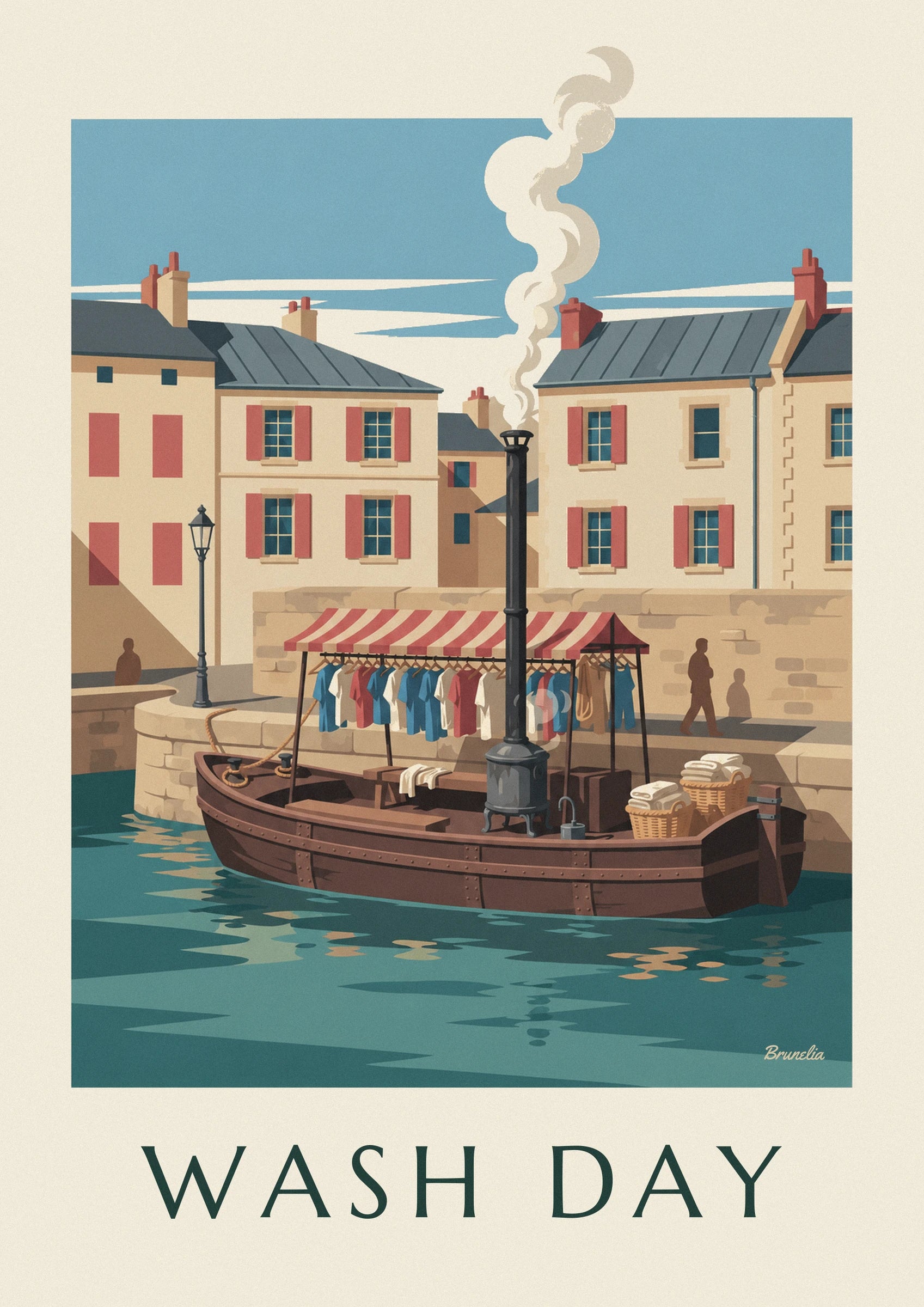 Blue and white shirts beneath the red-striped awning, above the laundry boat's black stove
