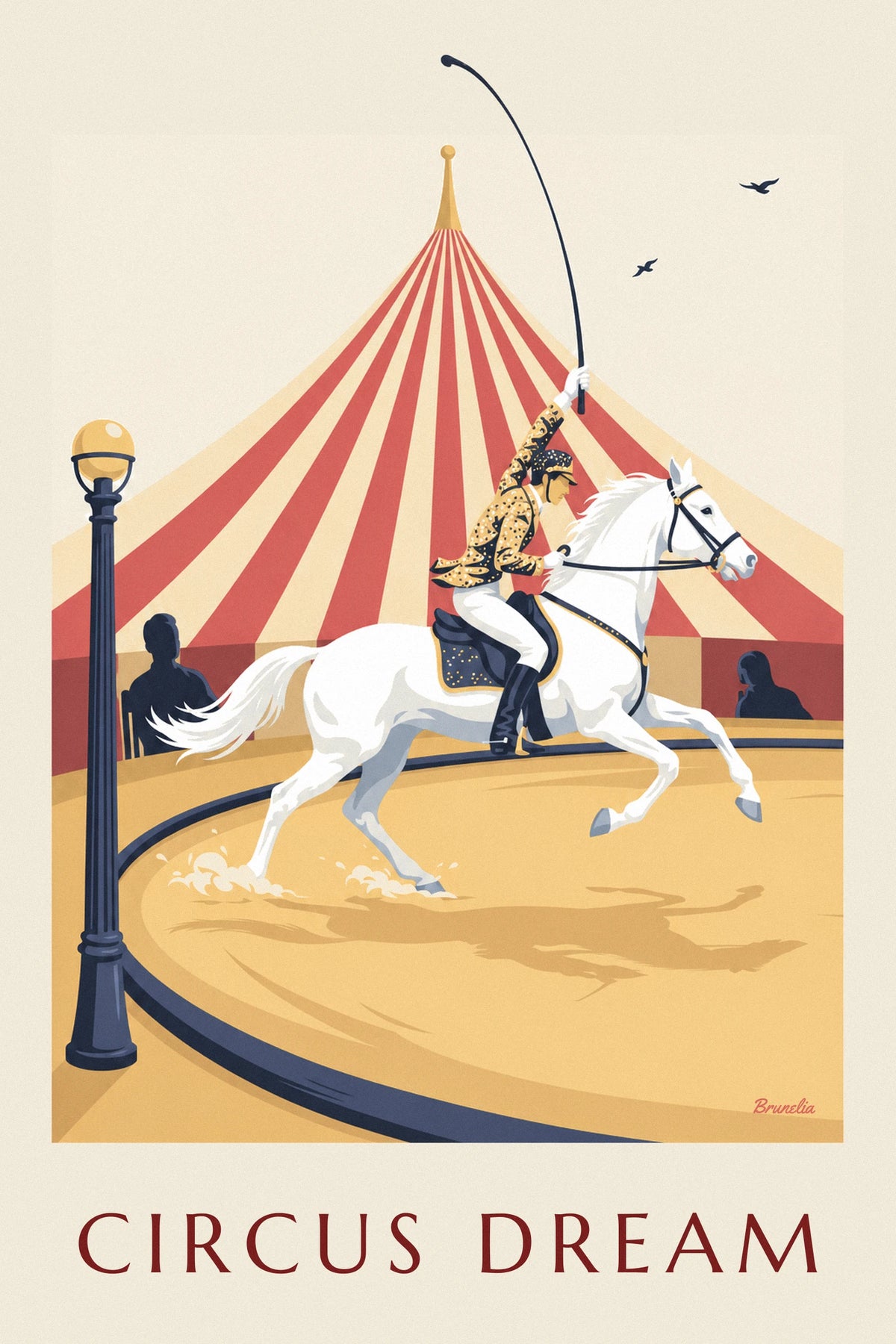 Affiche écuyère sur un cheval blanc au galop sous le chapiteau