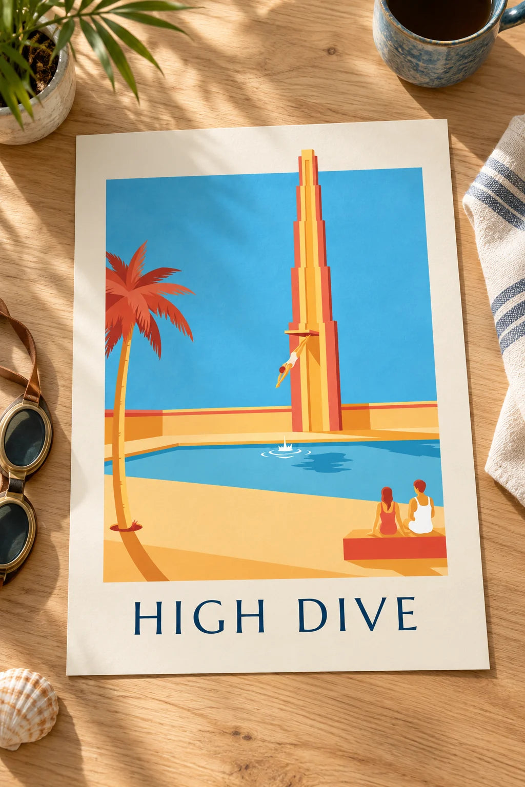 Badezimmer: Poster Springer im Schwalbensprung über dem Pool im Raum
