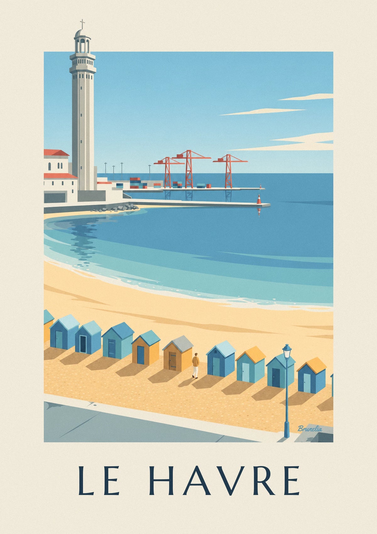 Poster strandcabines en containerboog van Le Havre
