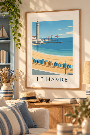 Affiche cabines de plage et arche de conteneurs du Havre : encadrée au mur