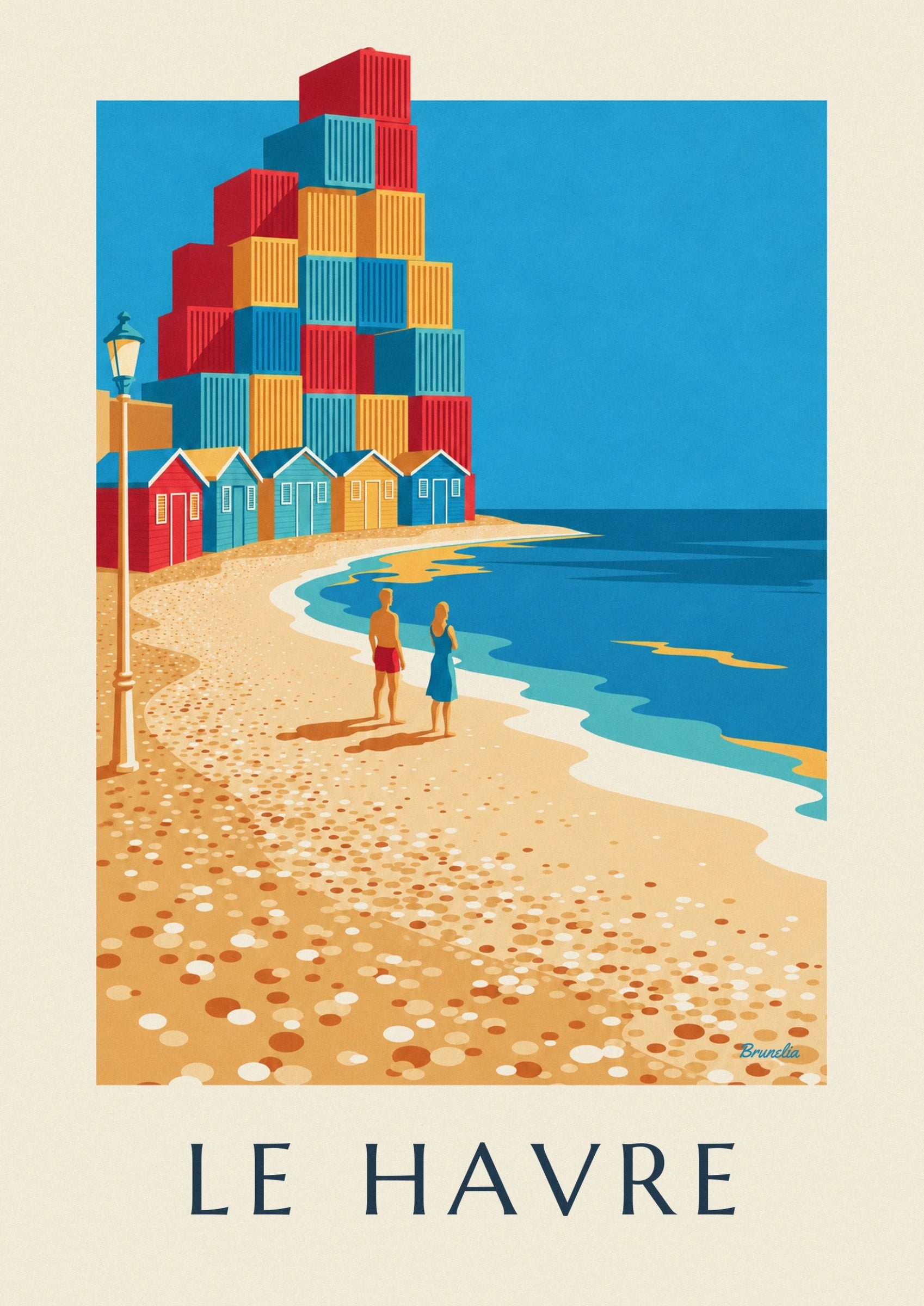 The arch of red, blue and yellow shipping containers above the beach huts