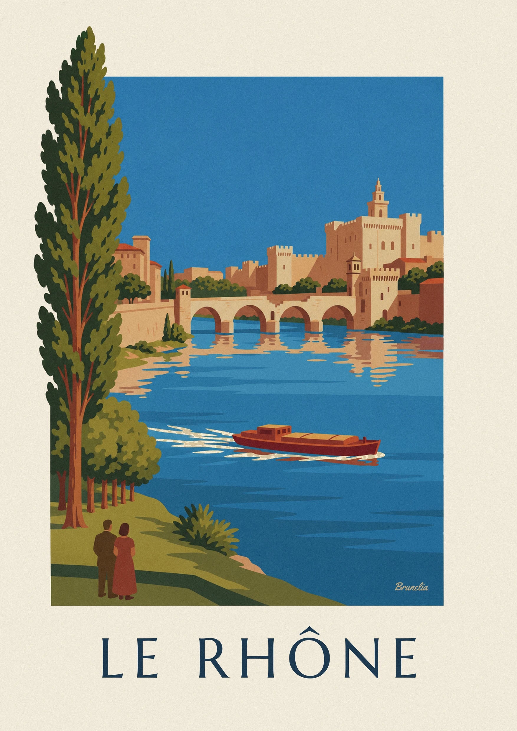 Poster binnenvaartschip op de Rhône voor de brug van Avignon: detail in close-up