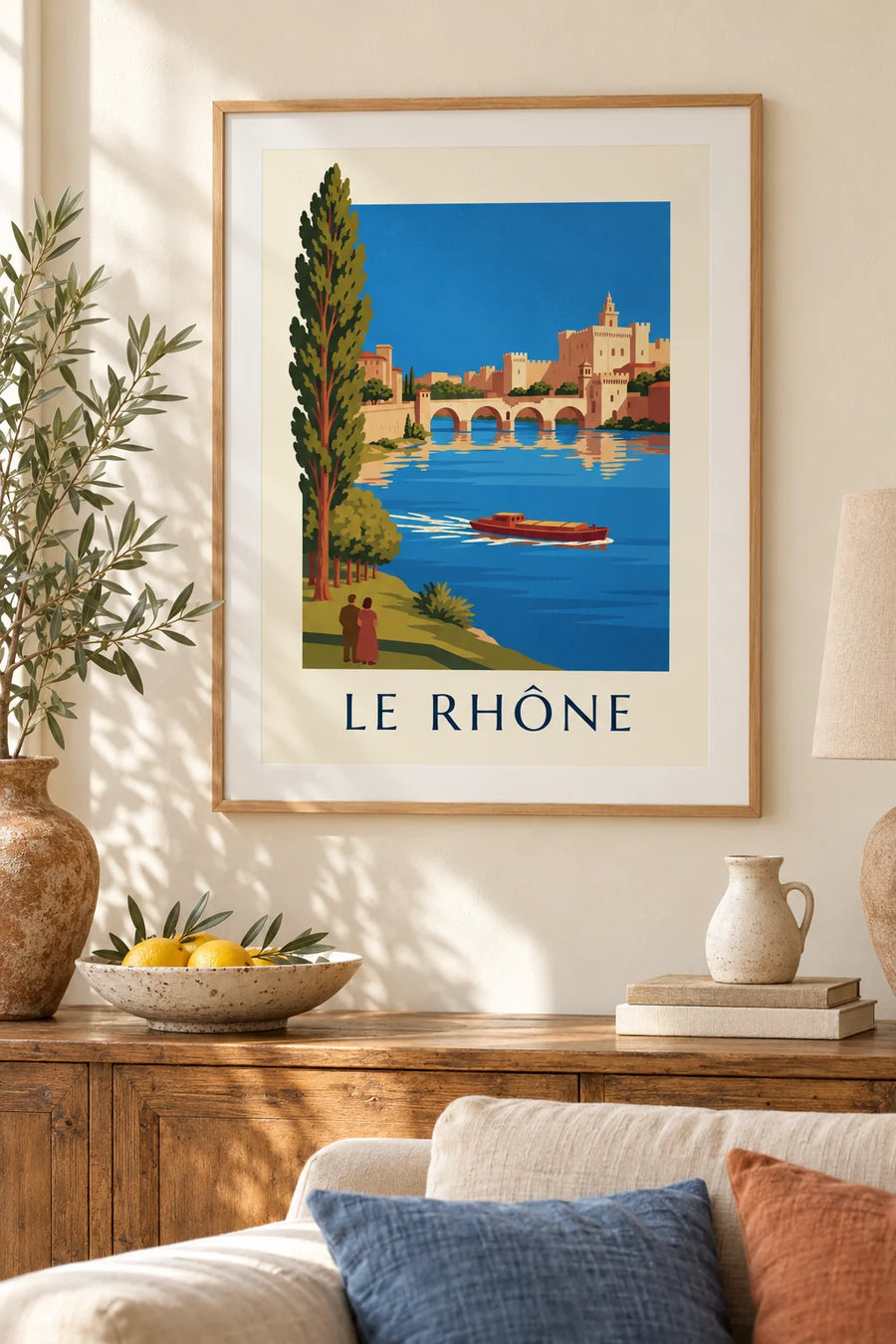 Poster binnenvaartschip op de Rhône voor de brug van Avignon : ingelijst aan de muur