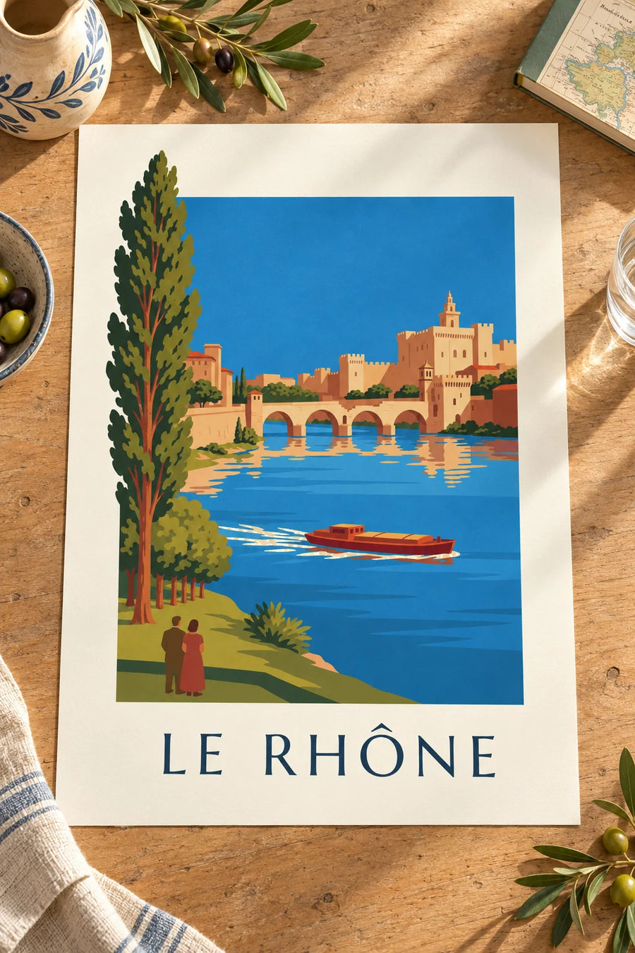 Poster binnenvaartschip op de Rhône voor de brug van Avignon : neergezet op een tafel