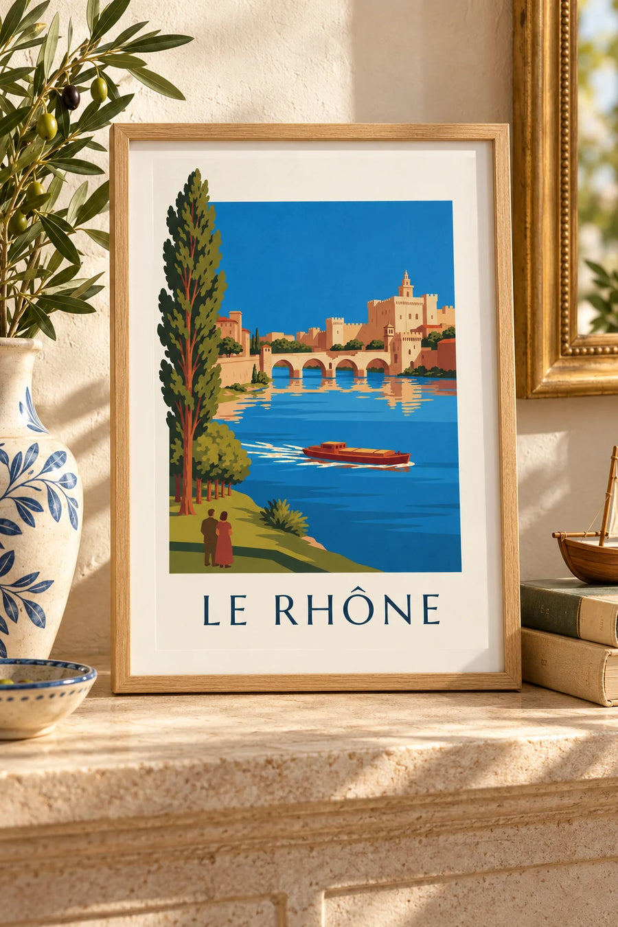 Poster binnenvaartschip op de Rhône voor de brug van Avignon : klein A4-formaat, ingelijst