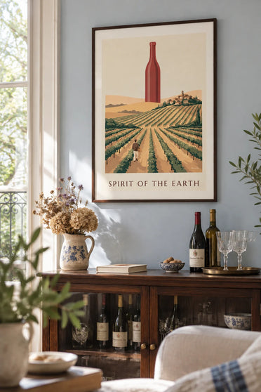 Affiche bouteille de vin rouge au milieu des vignes de campagne : encadrée au mur